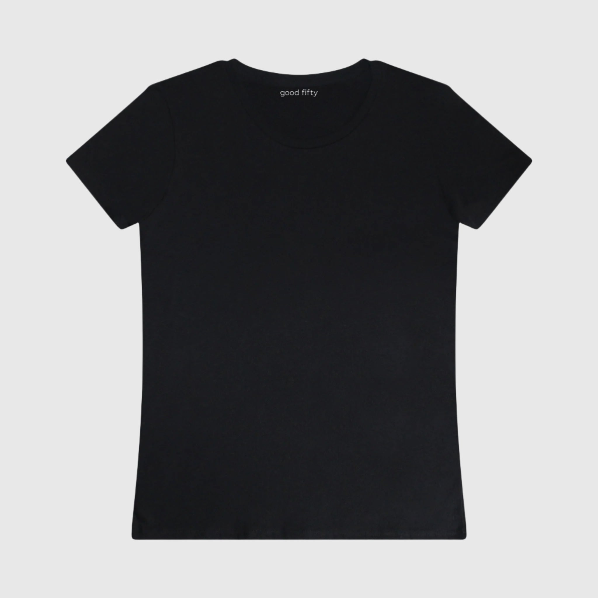Black fitted tee made from 100% organic cotton, designed for comfort and sustainability, suitable for everyday wear.