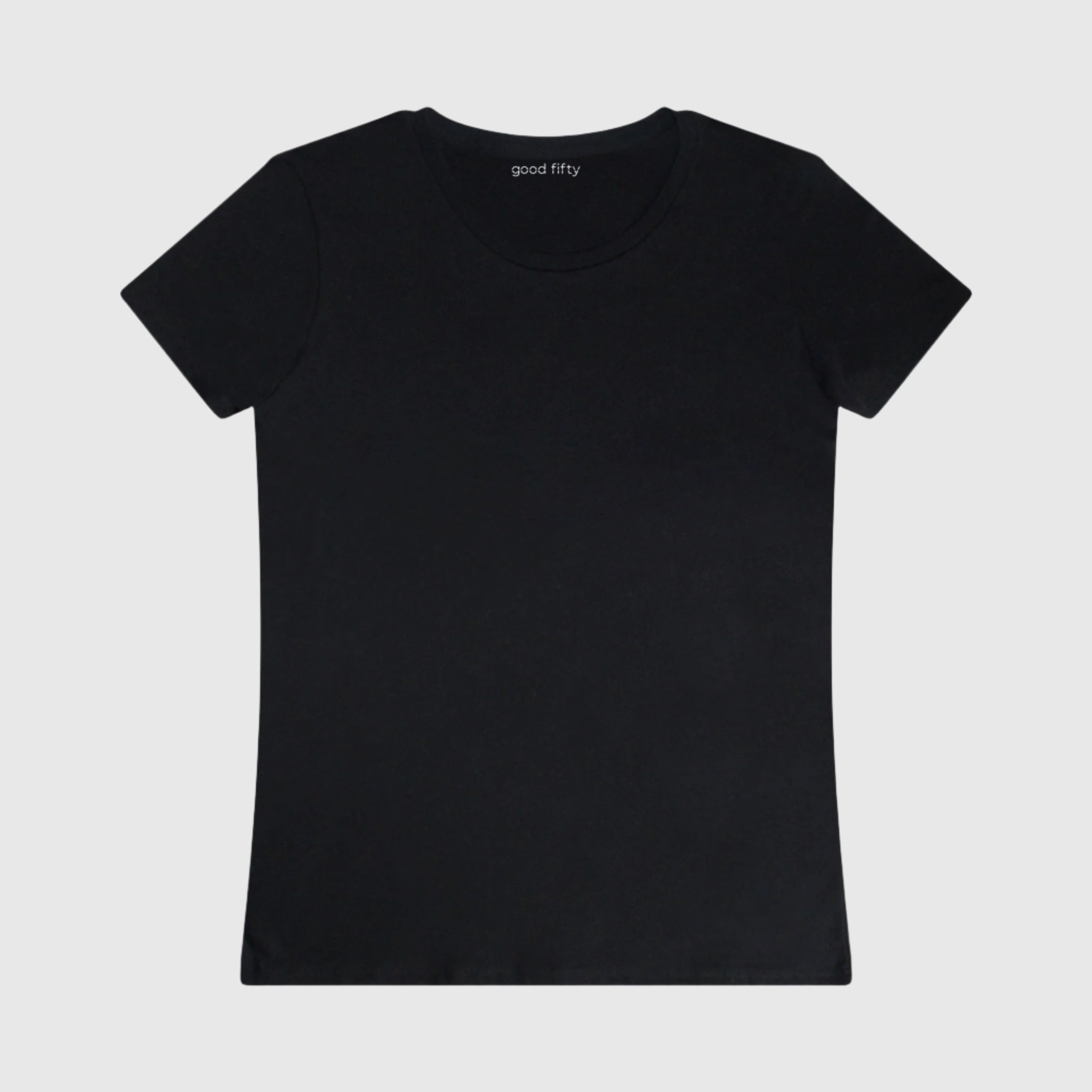 Black organic cotton women's tee, ideal for durability, comfort, and sustainability in everyday fashion.
