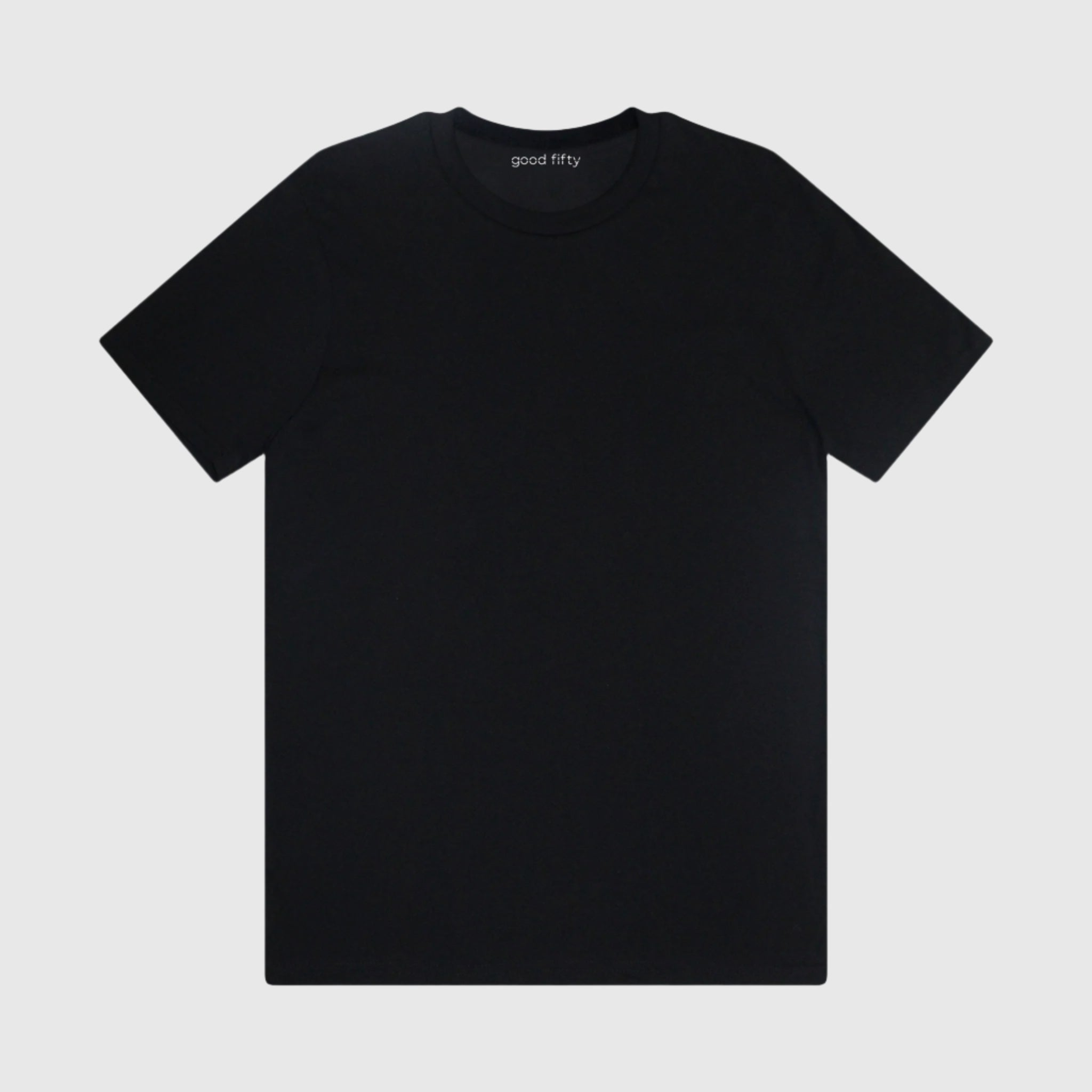 Men's 50/50 premium black organic cotton tee, durable and breathable everyday essential.